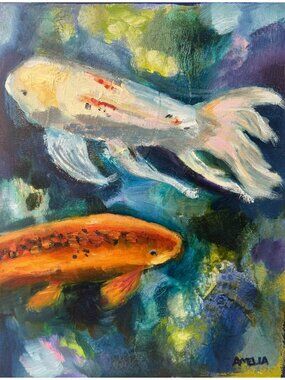 Koi Fish Painting Pond Oil Mixed Media Original Art OOAK Wall Art Decor 11x14